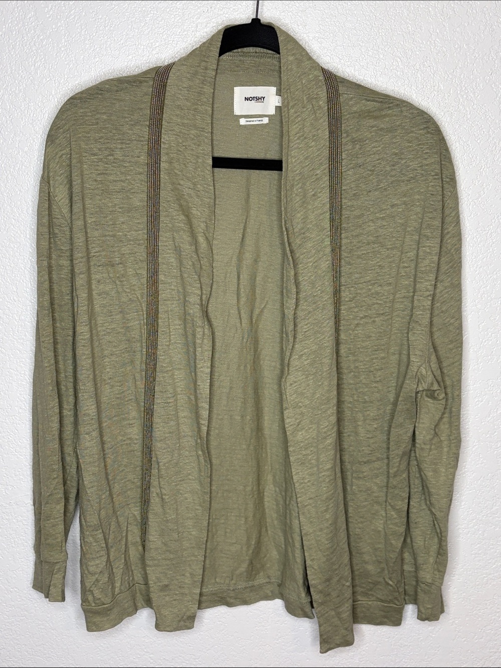 Notshy Cashmere Green Beaded Linen Open Front Cardigan Size Large